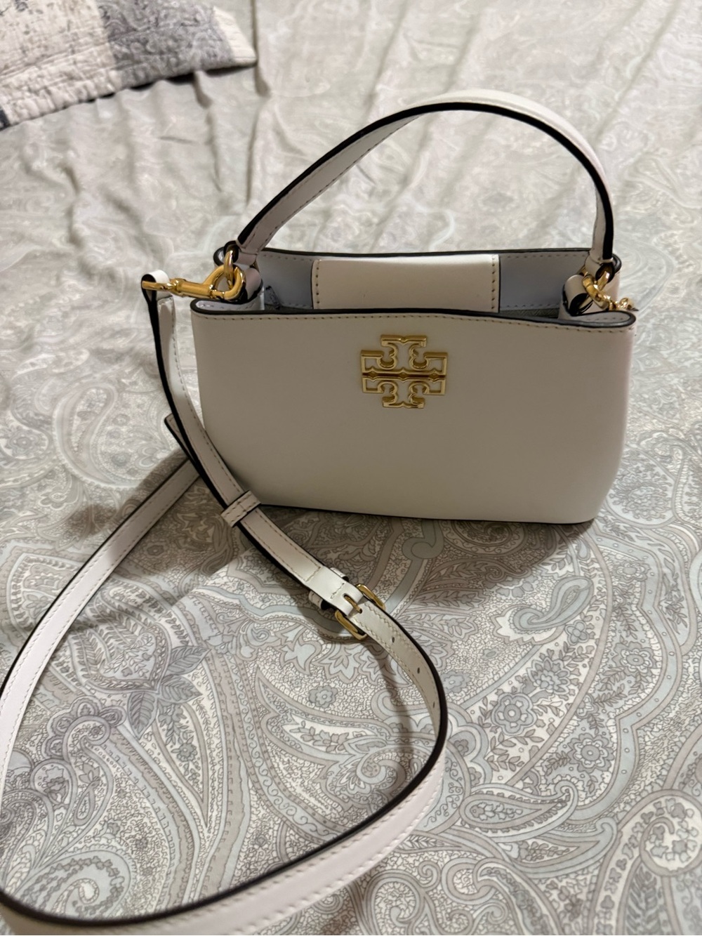 Tory Burch Cream Leather Mini Top-Handle Crossbody with Gold Logo